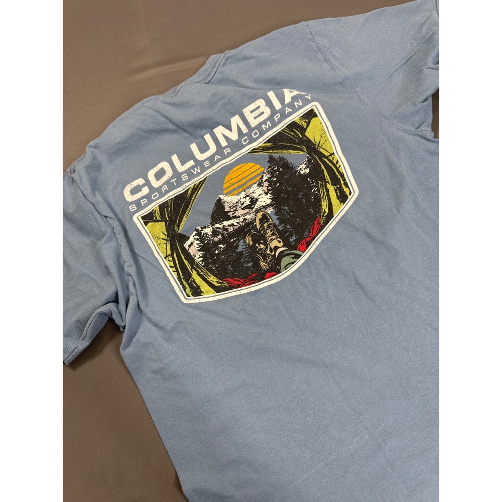 Columbia Mens Blue Graphic T-Shirt Mountain Tent Camping Scene Size M - Picture 7 of 8